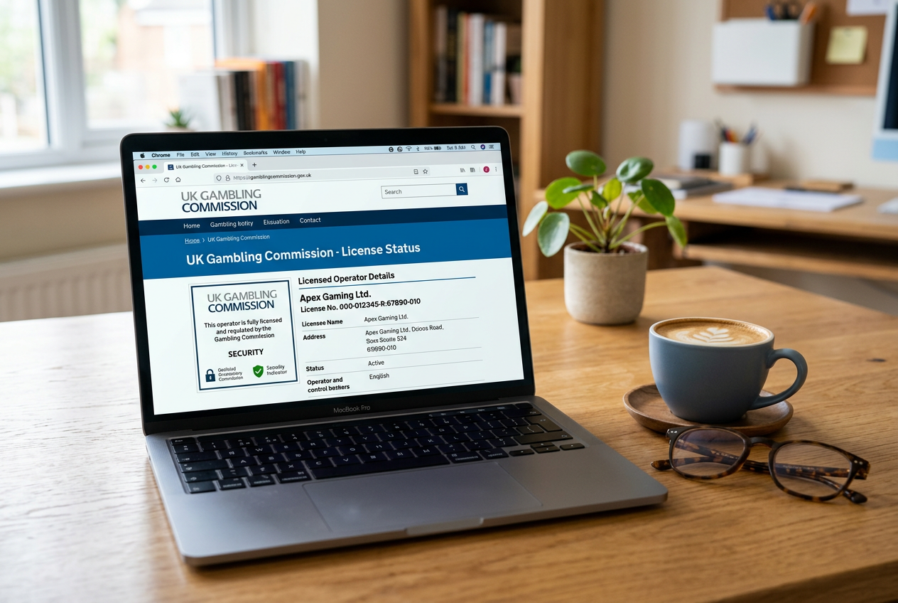 A professional reviewer checking security certificates on a laptop for online casinos.