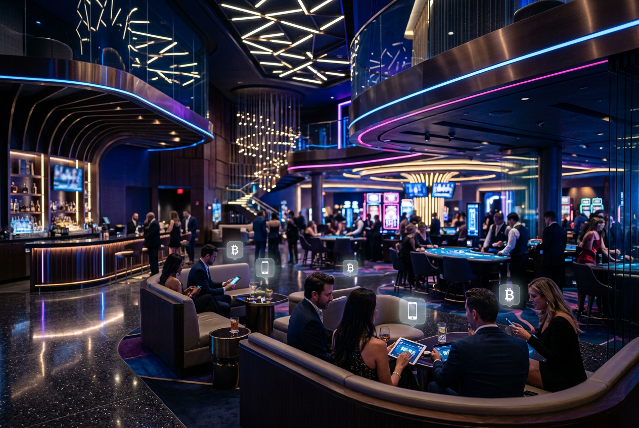 Luxury casino interior with digital overlay reflecting modern online gambling technology.
